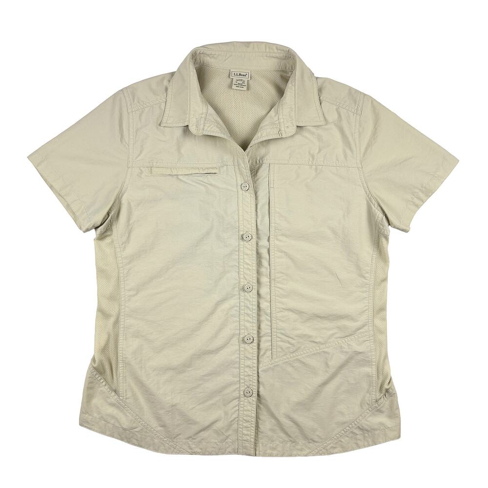 LL Bean Fishing Hiking Shirt Sz M Beige Short Sleeve Outdoor Travel Camp Pocket